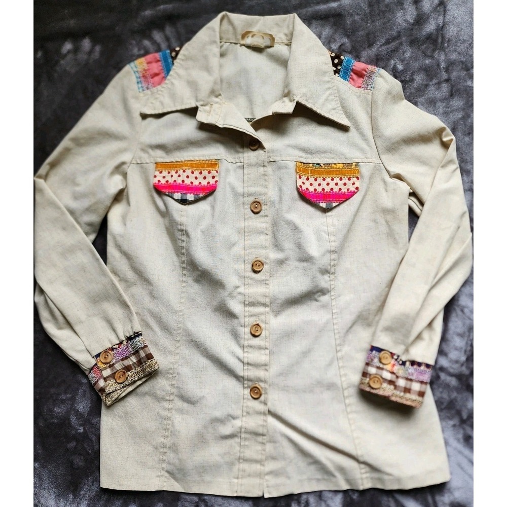 Latch On Vintage 70s Patchwork Style Button Down Shirt Womens 16 Tan Multi-Color - Picture 8 of 8